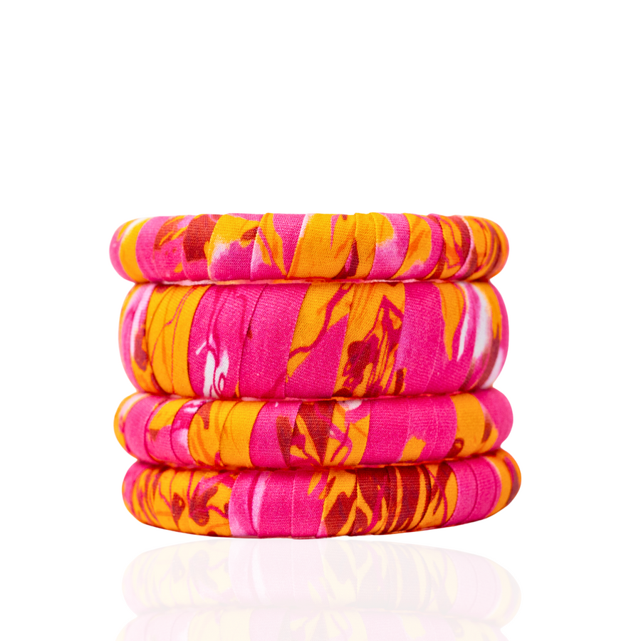 Nikola Fabric Wrapped Bangle Stack - Floral Pink / Orange