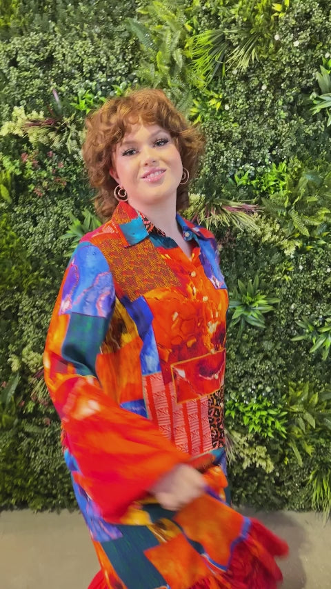 The Prahna Patchwork Shirt Dress- Orange Tribal Gem