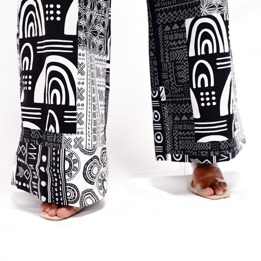Jojo Infinity Wrap Jumpsuit - Black/White Tribal Patchwork - Sassy Jones